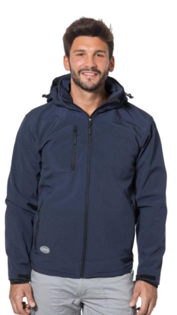 giacca softshell uomo blu Logica Professional con cappuccio taglia M vista frontale