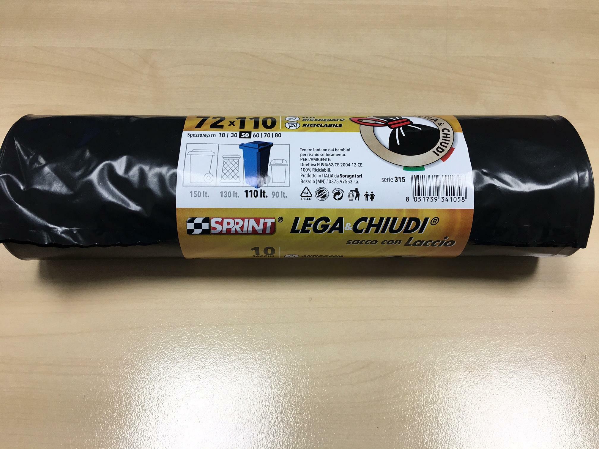 sacco immondizia nero con laccio Soragni 72x110 cm confezione da 10 pezzi eco rigenerato