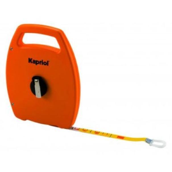rotella metrica kapriol in fibra da 50 metri con cassa ergonomica arancione vista frontale