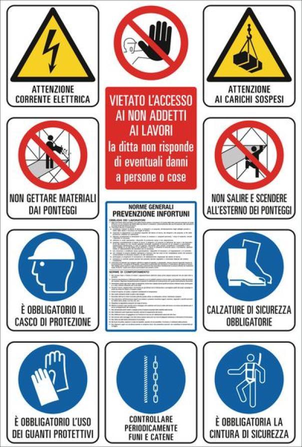 cartello segnaletico per cantiere edile con 12 simboli obblighi e divieti DFL