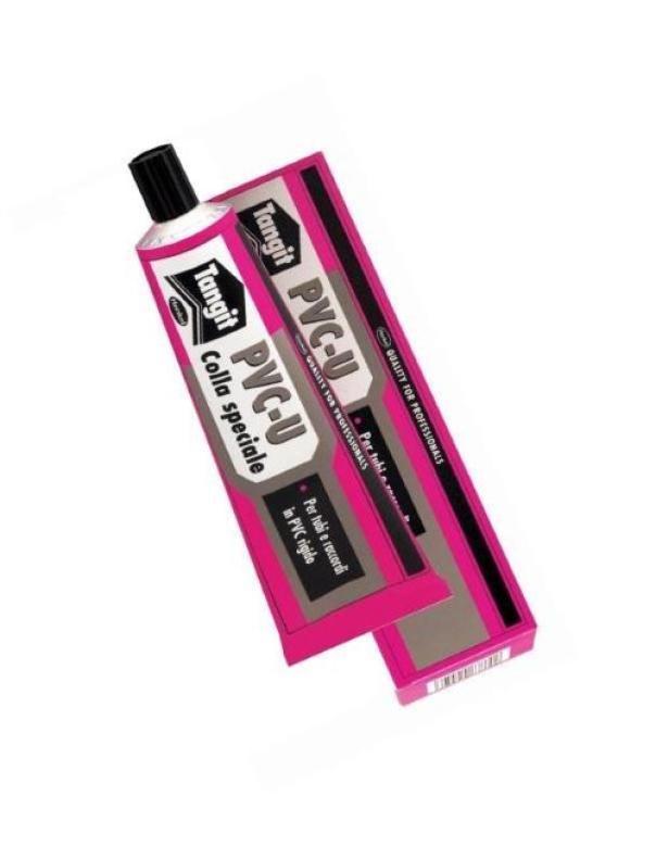 Colla speciale DFL Tangit PVC-U per tubi in PVC da 125 grammi visibile con confezione e tubo