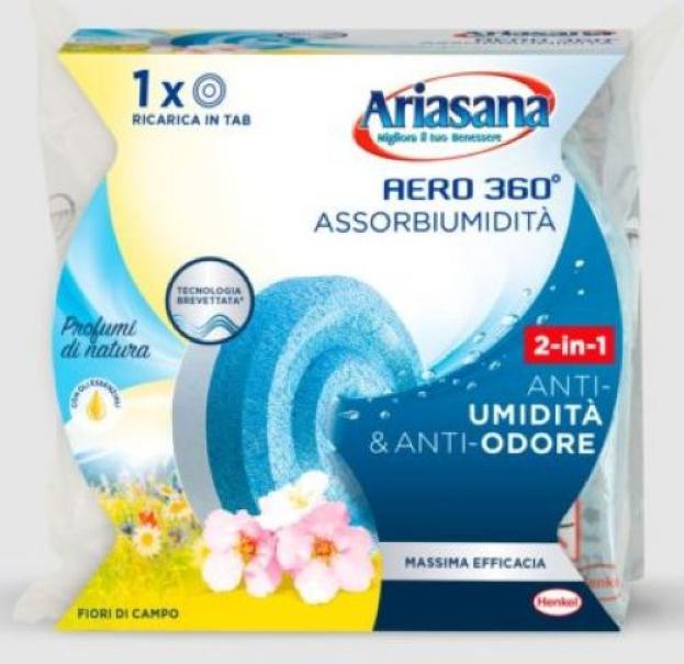 Ricarica assorbiumiditu00e0 Ariasana Aero 360 tab 450 grammi profumata fiori di campo in confezione