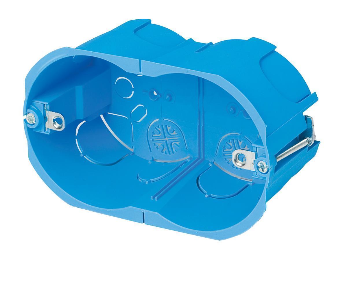 scatola da incasso per cartongesso 3 moduli in plastica Mac vista frontale dimensioni 110x65x45 mm colore blu fissaggio alette laterali accessori impianti elettrici