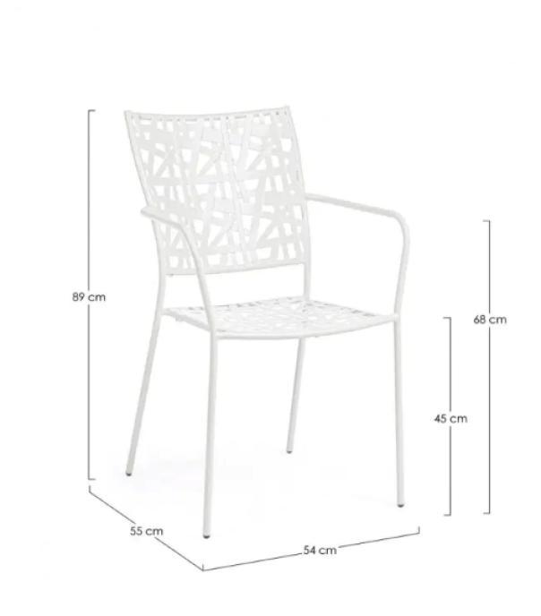 Sedia impilabile Bizzotto moderna con dimensioni 55x54x89 cm in acciaio bianco per interni ed esterni Sedia Bizzotto con misure evidenziate 55x54x89 cm acciaio bianco con braccioli e schienale alto impilabile