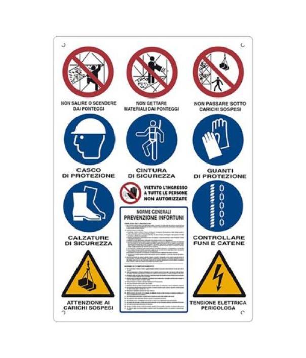 cartello segnaletica sicurezza cantiere 12 simboli dfl 80x120 cm prevenzione infortuni obbligo dpi segnalazione pericolo elettrico
