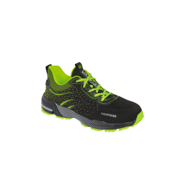 Scarpa antinfortunistica bassa in tessuto nero e verde Logica Professional vista frontale laterale