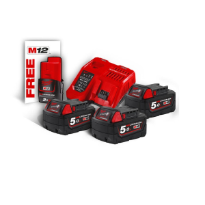 Milwaukee - kit power pack milwaukee® m18 nrg-503 - 3 batterie m18™ 5.0ah + 1 batteria m12™ 2.0ah omaggio + caricabatterie veloce