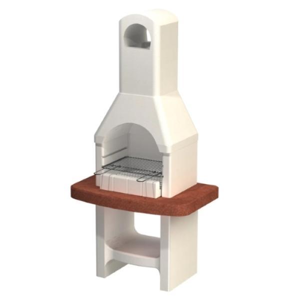 Barbecue in calcestruzzo per esterno con griglia modello Aruba, struttura bianca e piano in marmo rosso