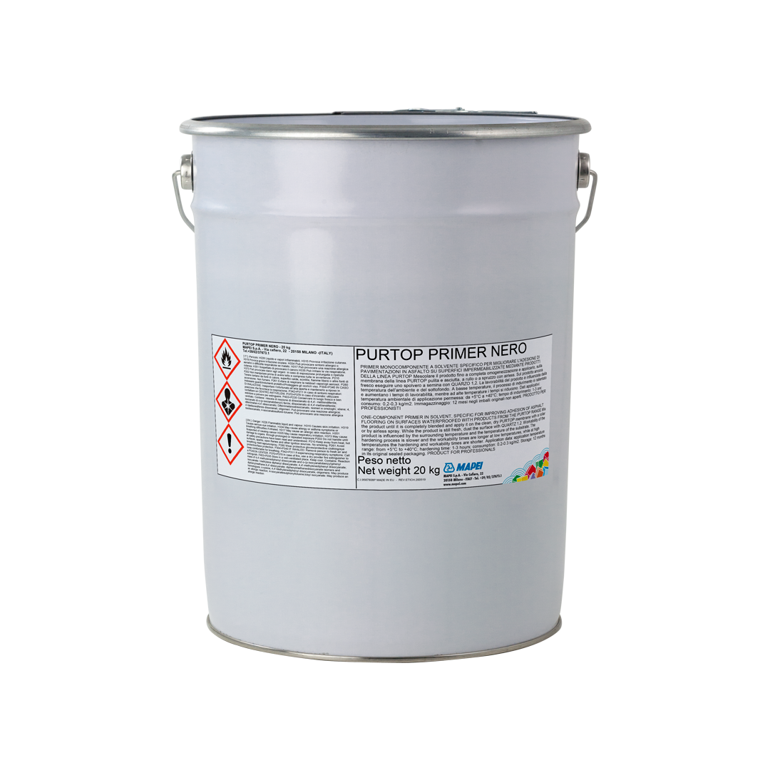 Primer monocomponente a solvente Mapei Purtop Primer Nero confezione 20 kg per superfici asfaltate impermeabilizzate