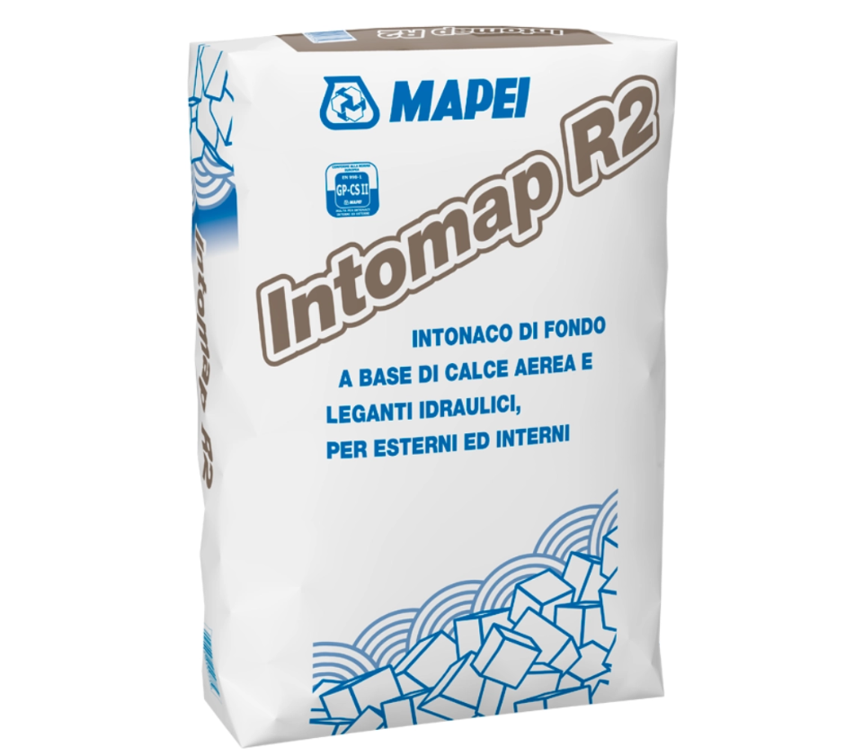 sacco di malta premiscelata mapei intomap r2 intonaco di fondo base calce cemento 25 kg grigio per interni ed esterni