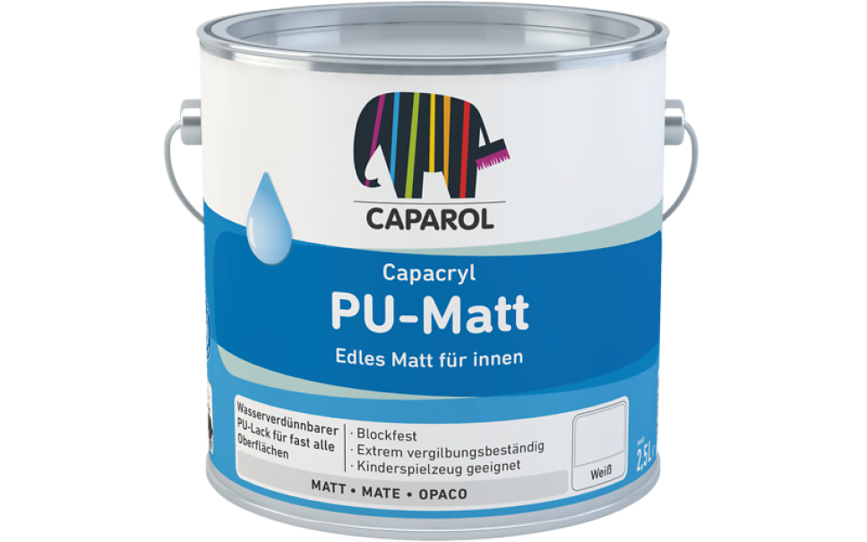 Smalto opaco ad acqua Caparol Capacryl PU Matt Base 1W barattolo 2.4 litri per interni ad alta resistenza ideale su legno metallo e PVC