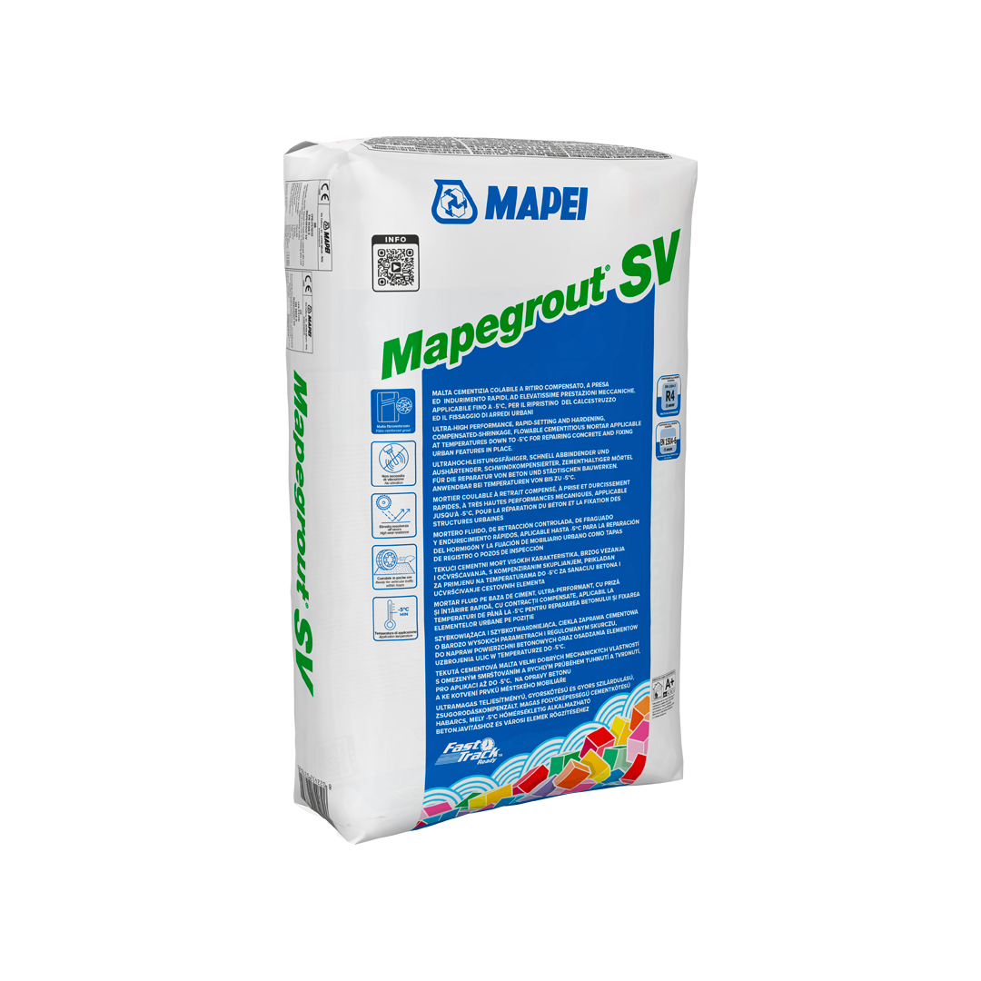 Sacco Mapei Mapegout SV 25 kg malta colabile grigia per ripristino calcestruzzo e fissaggio arredi urbani