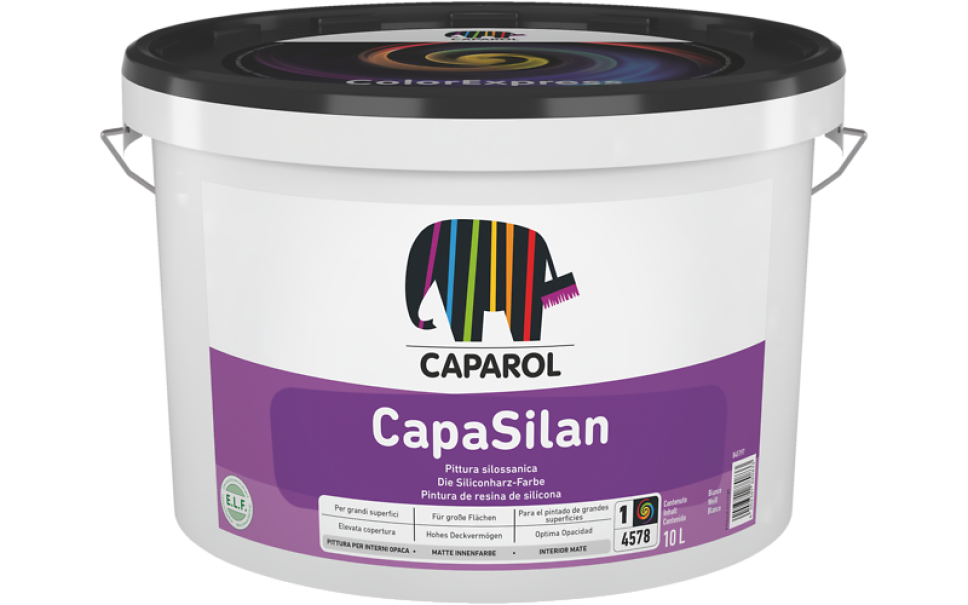 Secchio da 10 litri di pittura silossanica Caparol CapaSilan per interni finitura superopaca bianca