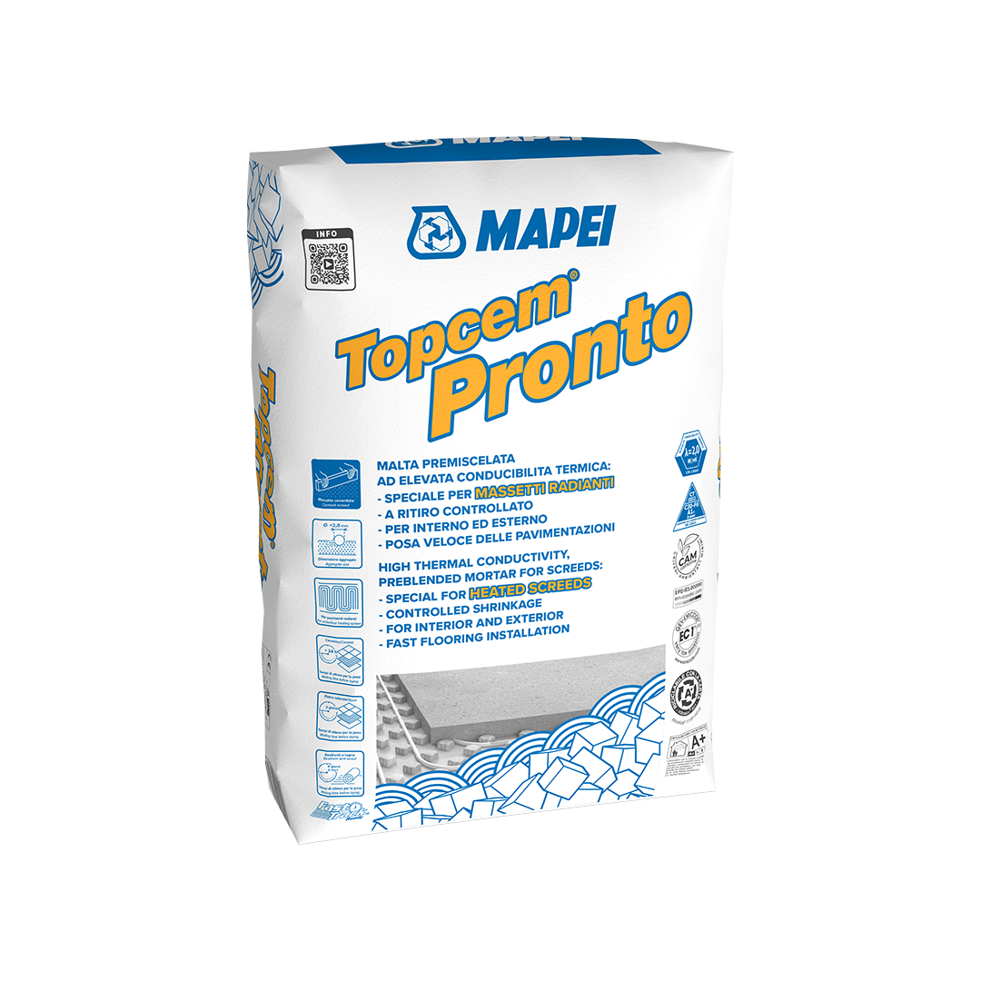 sacco di malta premiscelata Topcem Pronto Mapei per massetti radianti a rapido asciugamento