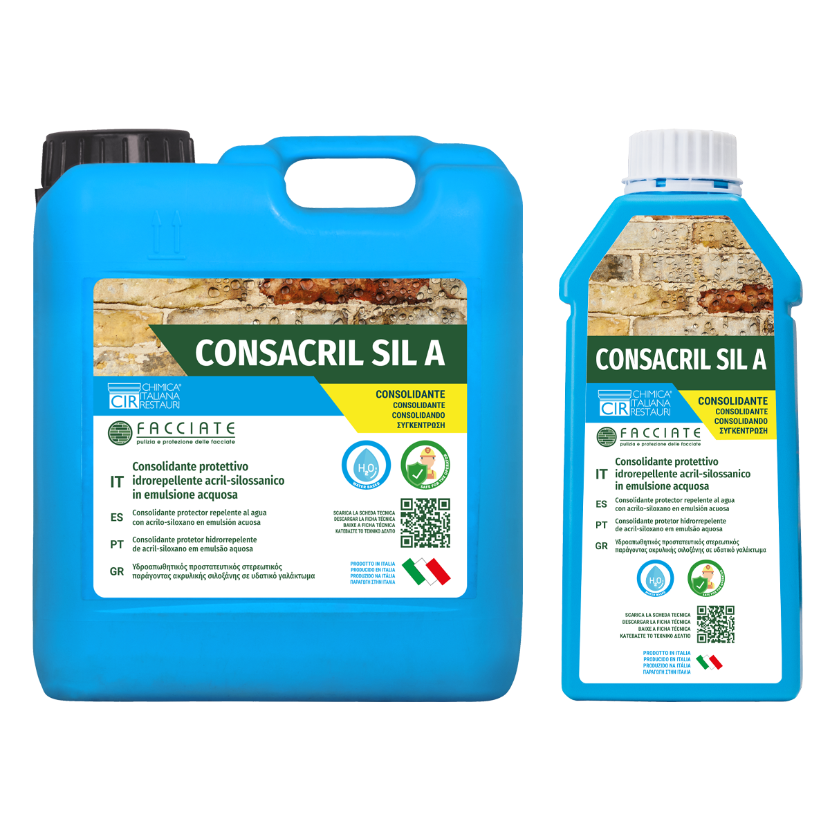 Consolidante protettivo acril silossanico CIR CONSACRIL SIL A flacone e tanica per superfici murarie in emulsione acquosa